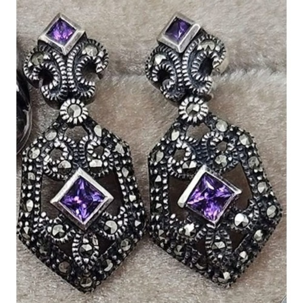 Judith Jack Sterling Silver Earrings Amethyst Marcasite 925 Signed